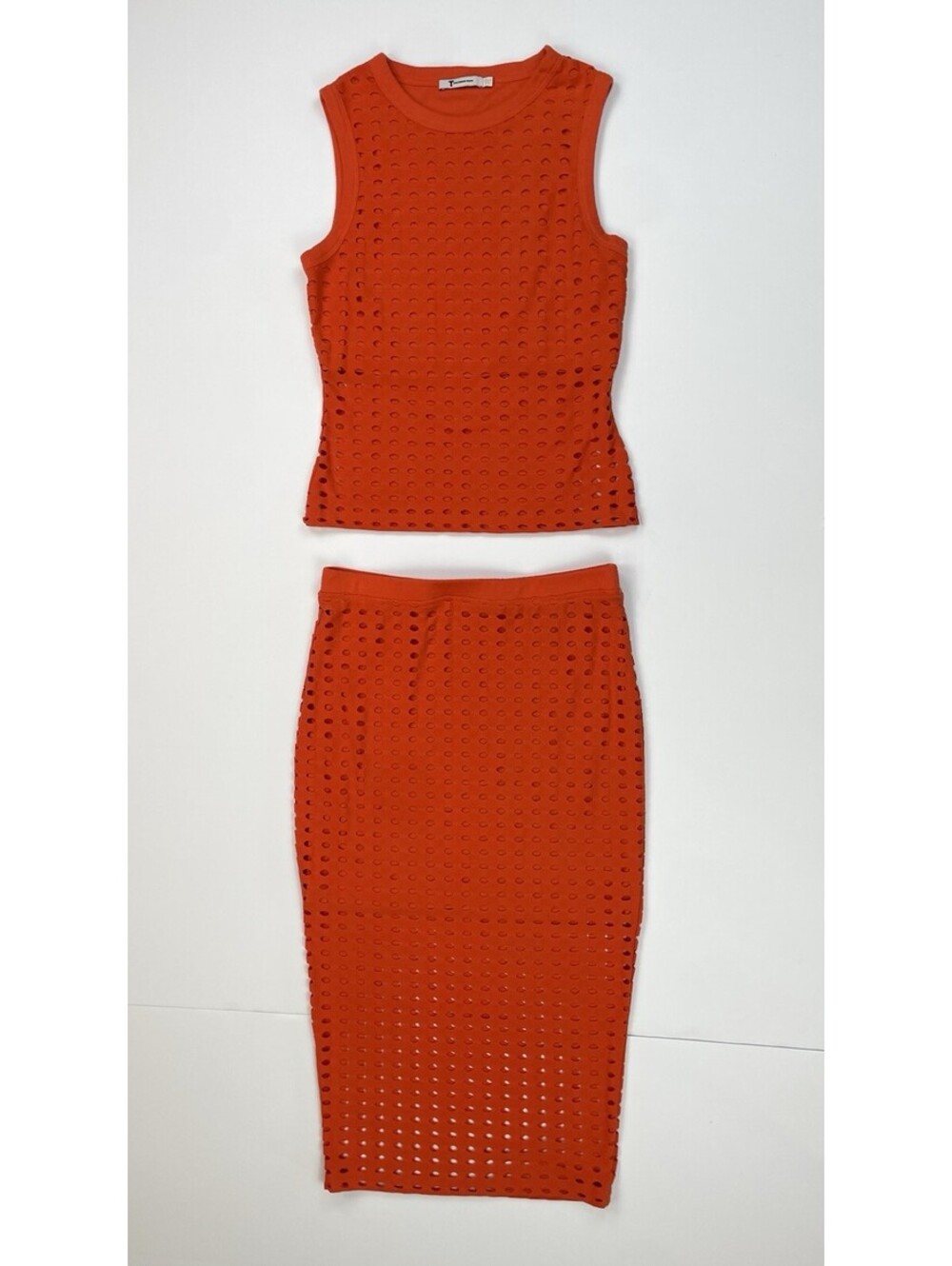 T By Alexander Wang Laser Cut Mesh Orange Set M Top S Skirt Mixed Size 2pc